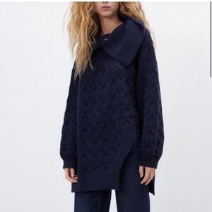 Zara Side Vented Chunky Cable Knit Sweater Navy Medium